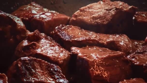 Recept Červené Maso Příprava Jídla Vaření Hovězího Pánvi Vysoce Kvalitní — Stock video