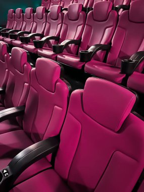Sinema ve eğlence, televizyon şovu için boş pembe sinema koltukları ve film endüstrisi markalaşması