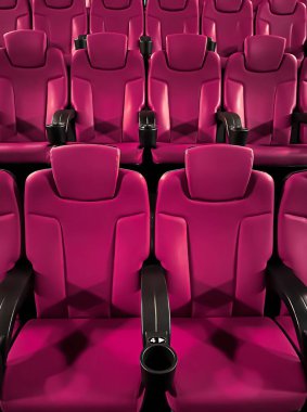 Sinema ve eğlence, televizyon şovu için boş pembe sinema koltukları ve film endüstrisi markalaşması