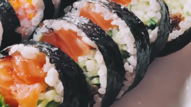 Comida Dieta Sushi Japonés Restaurante Cocina Asiática Como Comida Para — Vídeos de Stock