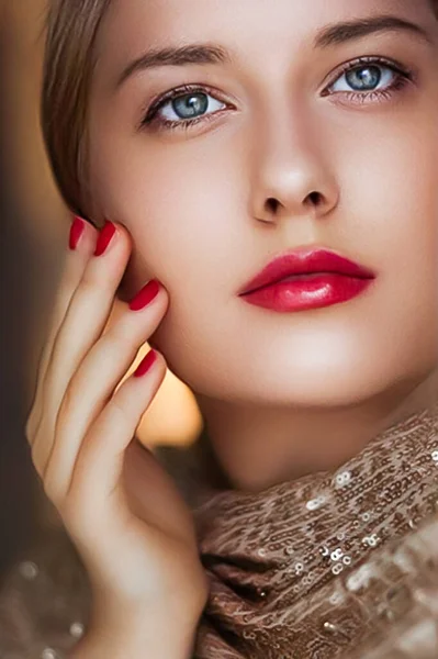 Szépség Smink Csillogás Arckép Gyönyörű Manikűr Piros Rúzs Smink Visel — Stock Fotó