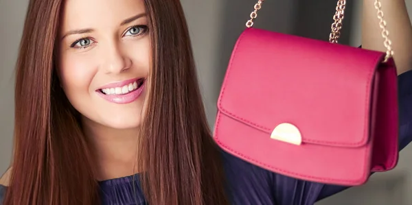 Fashion Accessories Happy Beautiful Woman Holding Small Pink Handbag Golden Stock Image