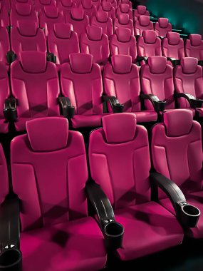 Sinema ve eğlence, televizyon şovu için boş pembe sinema koltukları ve film endüstrisi markalaşması