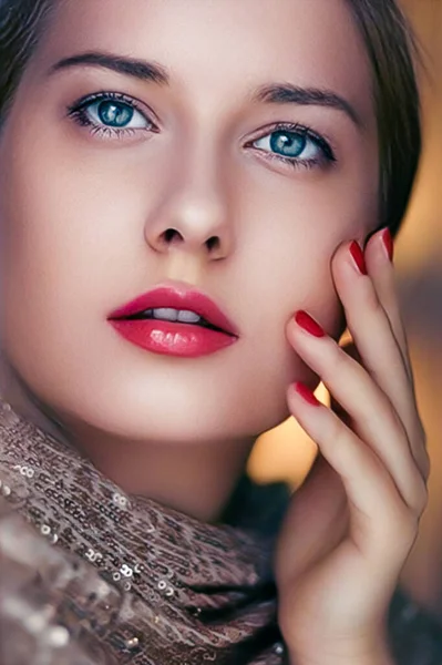 Beauty Makeup Glamour Face Portrait Beautiful Woman Manicure Red Lipstick — Stock Photo, Image
