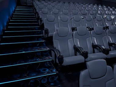 Sinema ve eğlence, televizyon şovu için boş karanlık sinema koltukları ve film endüstrisi markalaşması.