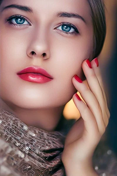 Krása Make Půvab Obličej Portrét Krásné Ženy Manikúrou Červenou Rtěnkou — Stock fotografie