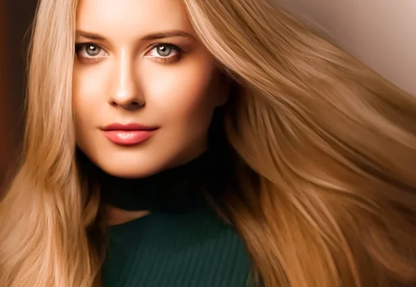 Saç stili, güzellik ve saç bakımı, uzun ve sağlıklı saçlı güzel bir kadın, doğal makyaj yapan sarışın bir model, kuaför salonu için göz kamaştırıcı bir portre ve saç bakım markası.