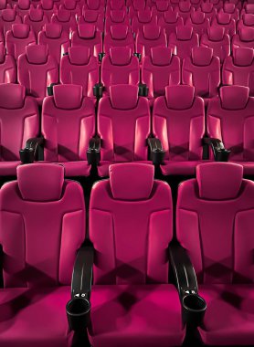 Sinema ve eğlence, televizyon şovu için boş pembe sinema koltukları ve film endüstrisi markalaşması