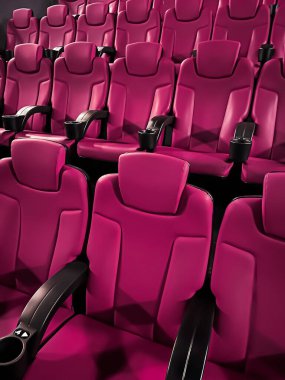 Sinema ve eğlence, televizyon şovu için boş pembe sinema koltukları ve film endüstrisi markalaşması