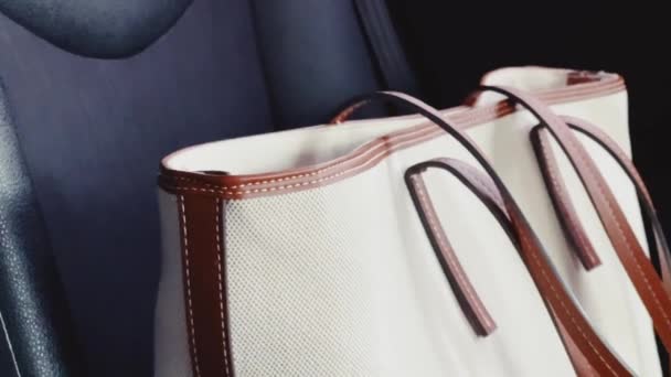 Tas Mewah Yang Terbuat Dari Bahan Berkelanjutan Dalam Mobil Kehidupan — Stok Video