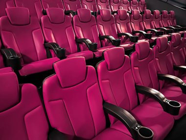 Sinema ve eğlence, televizyon şovu için boş pembe sinema koltukları ve film endüstrisi markalaşması