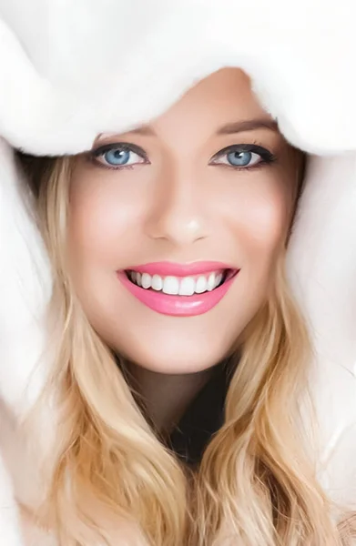 Schöne Frau Weißen Pelzmantel Schönheit Und Wintermode — Stockfoto