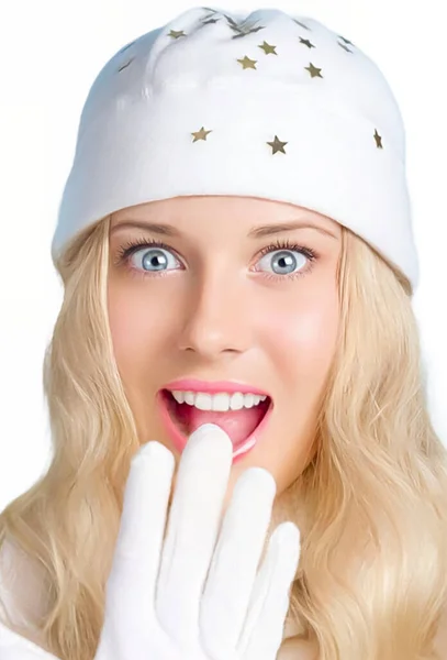 Happy Holidays Woman White Hat White Gloves White Background Model — Stock Photo, Image