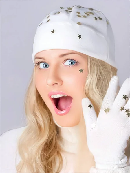 stock image Merry Christmas, good holidays and woman dressed in white hat and gloves. On studio background, beauty and fashion female model. Surprised humorous blonde girl smiles and enjoys the Christmas, New