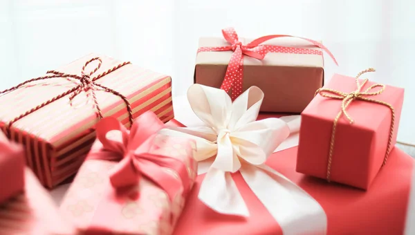 Holiday Gifts Wrapped Luxury Presents Coral Gift Boxes Surprise Present — Stock Photo, Image