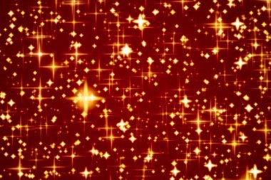 Şatafat, sihir ve mutlu tatil geçmişi, altın parıltılı parıltı, altın yıldızlar ve Noel, yeni yıl ve sevgililer günü tatil tasarımları için şenlikli kırmızı arkaplan dokusu üzerindeki büyülü parıltı