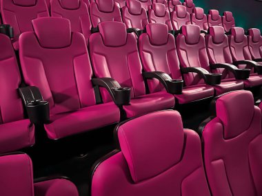 Sinema ve eğlence, televizyon şovu için boş pembe sinema koltukları ve film endüstrisi markalaşması