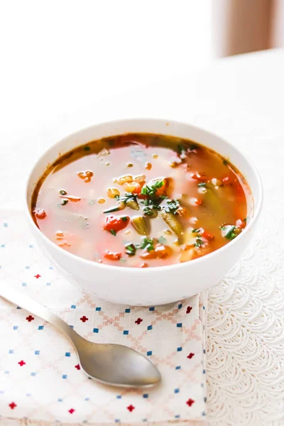 Hot vegetable soup in bowl, comfort food and homemade meal concept