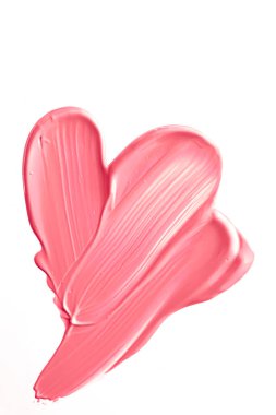 Pastel mercan güzellik örneği, cilt bakımı ve makyaj malzemesi dokusu beyaz arka planda izole edilmiş, makyaj lekesi, krem kozmetik lekesi ya da boya fırçası darbesi yakın çekim