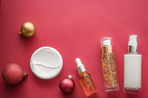 Beauty products and Christmas, luxury skincare, spa and cosmetic hair or body care product flat lay on coral background, wellness cosmetics as holiday gift, online shopping delivery, flatlay.