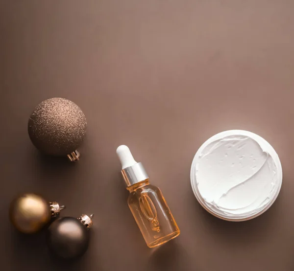 Beauty products and Christmas, luxury skincare, spa and cosmetic hair or body care product flat lay on beige background, wellness cosmetics as holiday gift, online shopping delivery, flatlay.