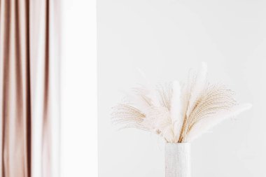 Vazodaki ve duvardaki nötr kuru bitkiler kopyalama alanı, ev dekorasyonu ve iç tasarımı içeriyor.