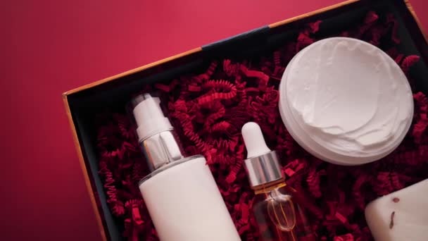 Pakiet Subskrypcji Beauty Box Luksusowe Produkty Pielęgnacji Skóry Tło Produktów — Wideo stockowe