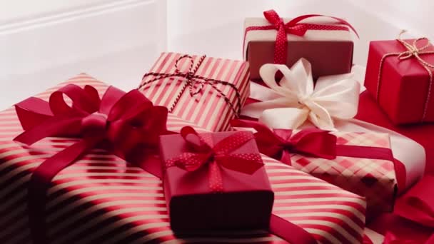 Holiday Gifts Presents Classic Red Pink Gift Boxes Wrapped Luxury — Stock Video