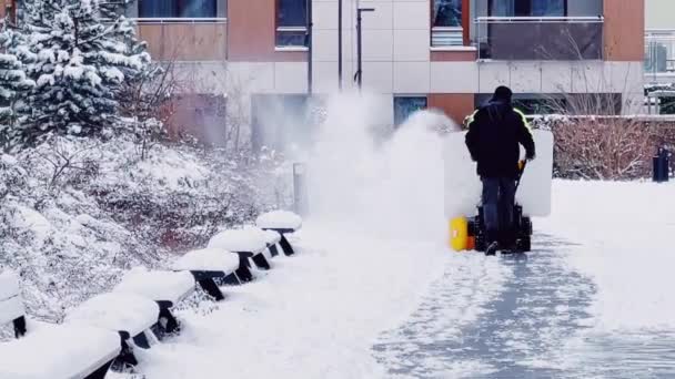 Snowing Weather Conditions Unrecognisable Man Using Snow Removal Machine Clean — Αρχείο Βίντεο