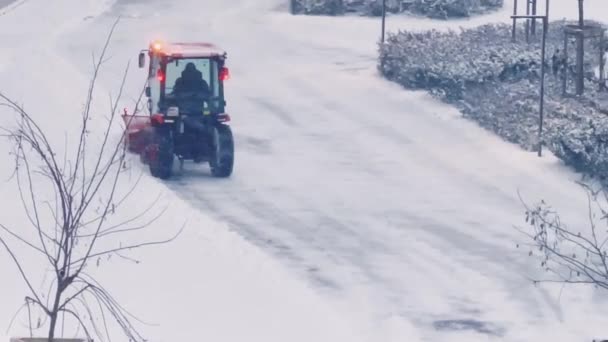 Snow Removal Machine Cleaning Roads Winter Snowing Weather Conditions — Stock Video
