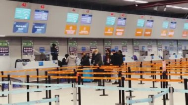 Luton, Bedfordshire, England, United Kingdom circa January 2023: EasyJet check-in desks at London Luton Airport