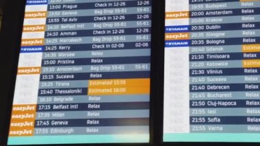 Luton, Bedfordshire, England, United Kingdom circa January 2023: Departures board screen at London Luton Airport