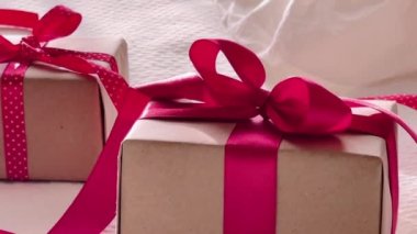 Pembe kurdeleli hediyeler ve hediyeler, Noel ve tatiller.