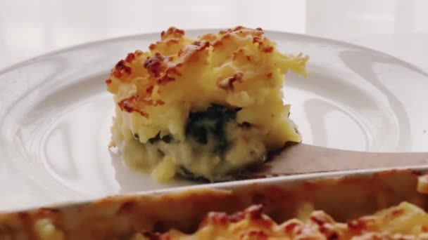 Comfort Food Traditional English Cuisine Portion Fish Pie Served White — Stockvideo