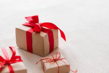 Valentines Day, birthday and holidays, gifts and presents with red ribbons.