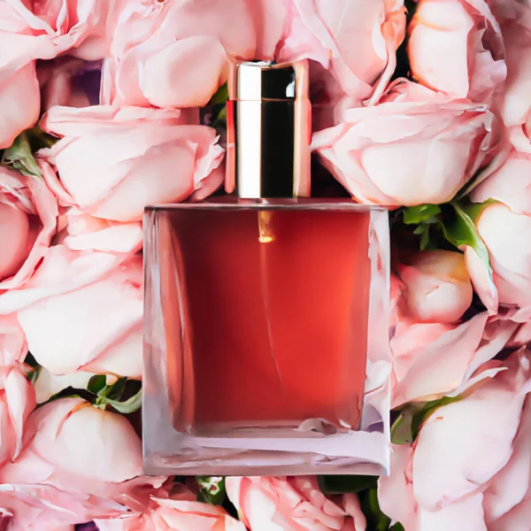 Perfume or fragrance glass bottle with floral scent on blooming flowers flatlay background, generative AI.