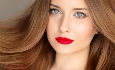 Hairstyle, beauty and hair care, beautiful woman with long healthy hair, model wearing matte red lipstick makeup, glamour portrait for hair salon and haircare.
