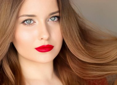 Hairstyle, beauty and hair care, beautiful woman with long healthy hair, model wearing matte red lipstick makeup, glamour portrait for hair salon and haircare.