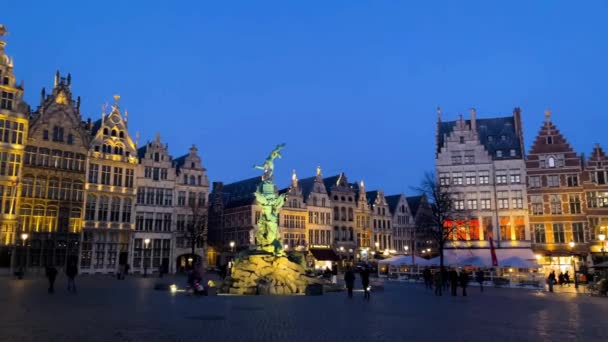 Grote Markt Antwerpii Belgia Piękny Rynek Starego Miasta Wieczornymi Światłami — Wideo stockowe