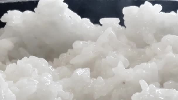 Steaming White Cooked Rice Cooking Food Recipe Ingredient Slow Motion — Stock Video
