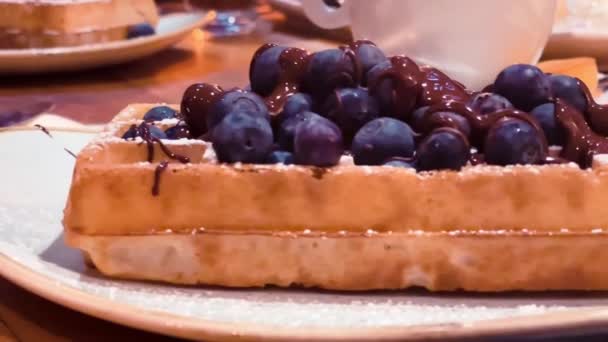 Традиційні Бельгійські Вафлі Чорницею Шоколадом Кафетерії Антверпені Бельгія Повільне Відео — стокове відео