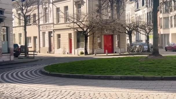 晴れた日のベルギーのアントワープ市の歴史的な部分のグランドアーキテクチャ スローモーションビデオ — ストック動画