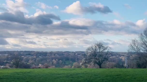 Idylický Anglický Krajina Pohled Pulzující Zelená Pole Pod Modrou Oblohou — Stock video