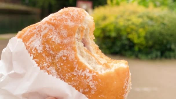 Jam Doughnut Outdoors Spring Sweet Street Food High Quality Footage — Stock Video