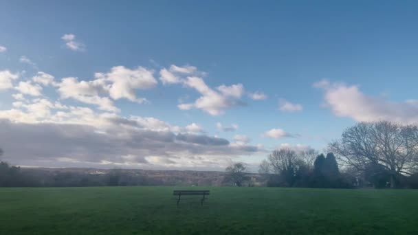Idyllische Englische Landschaft Mit Lebendigen Grünen Feldern Unter Blauem Himmel — Stockvideo