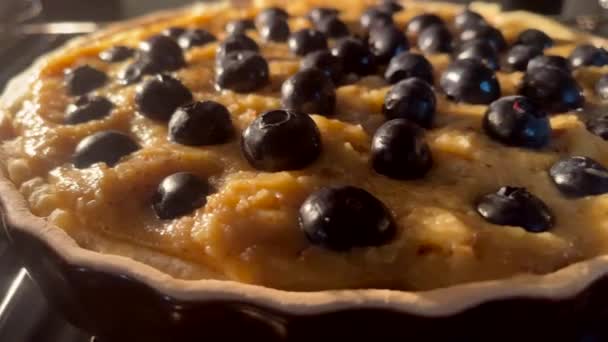 Zelfgemaakte Bosbessen Shortcrust Cake Bakken Oven Vakantie Bakken Recept Cottage — Stockvideo