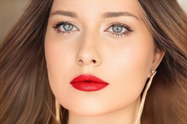 Güzellik, makyaj ve saç stili, güzel bir kadının yüz portresi, kırmızı ruj makyajı ve cilt makyajı, saç bakımı, cazibe stili ve moda fikri.