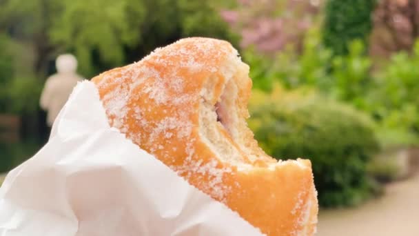 Jam Doughnut Outdoors Spring Sweet Street Food High Quality Footage — Stock Video