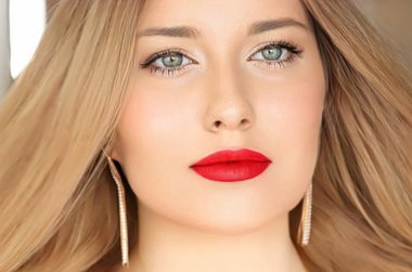 Güzellik, makyaj ve saç stili, güzel bir kadının yüz portresi, kırmızı ruj makyajı ve cilt makyajı, saç bakımı, cazibe stili ve moda fikri.