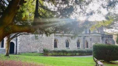 Kemerli pencereleri, taş duvarları ve ağaçlarla çevrili huzurlu bir bahçe yolu dallardan süzülen, dingin ve ebedi bir ortam yaratan İngiliz kırsal kilisesi.